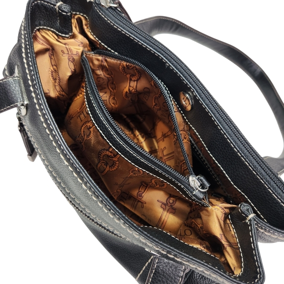 Tignanello Black Pebbled Leather Shoulder Bag Hobo Satchel White Contrast Stitch - Picture 10 of 16